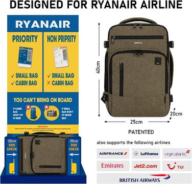 Дорожній рюкзак 40x20x25 для Ryanair, ручна поклажа, водонепроникний, екологічний, з відділенням для ноутбука, 20 л, компактний, коричневий, жіночий