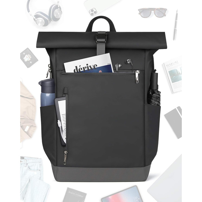 Рюкзак Inateck RollTop 25-30 л чорний, для чоловіків і жінок, міський, велосипедний, шкільний, для університету, роботи, спорту та подорожей, з відділенням для ноутбука 17