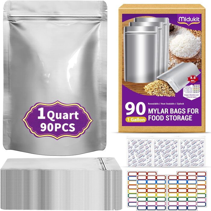 Набір 90 mylar-пакетів із поглиначем кисню для зберігання продуктів, 1 кварт (15x22 см), герметичні, 8.6 Mil, багаторазові пакети для харчових продуктів, міларові пакети з поглиначем кисню 9000CC, термозапаювані, багаторазово закриваються