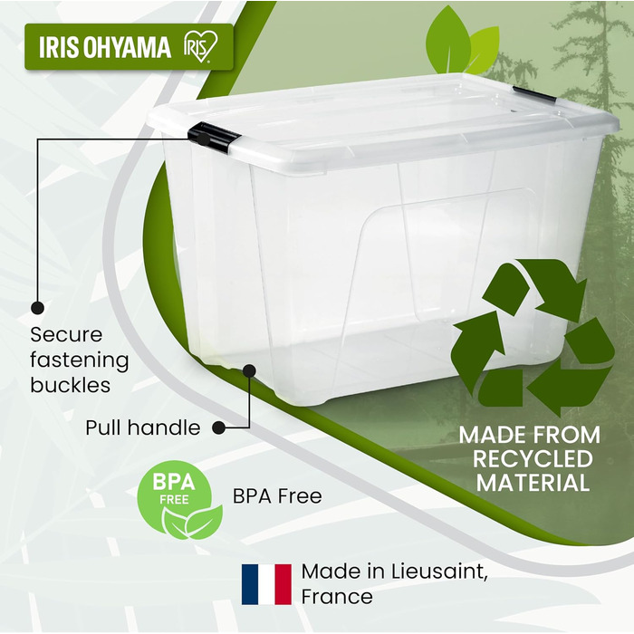 Пластикова коробка для зберігання Iris Ohyama TB-45 з кришкою, 55 л, прозора, 6 шт, з ручками та замками, міцна, для одягу, гаража, дому та офісу, штабельована