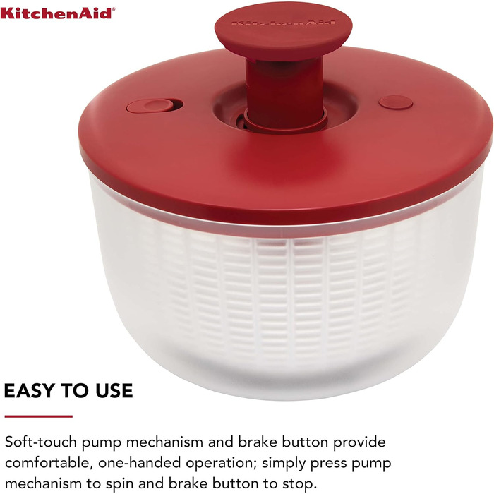 Сушарка для салату KitchenAid KQ308OSERA універсальна з від'ємним ситом, одноручним помповим механізмом, велика чаша з нековзною основою, пластик, червона Empire
