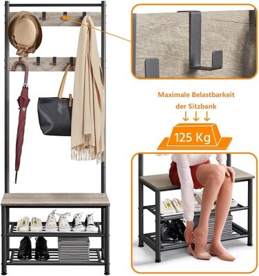 Вішалка Yaheetech для одягу з 3 полицями та гачками, металева, 184,5×72,5×33 см, сіра, для спальні, гардеробної, вітальні чи комори