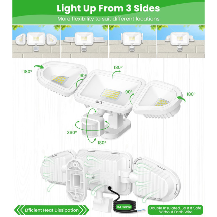 CLY LED прожектор 42 Вт з датчиком руху та пультом, 3600 Лм, 6500K, триголовий, вуличний, IP66, для гаража і тераси