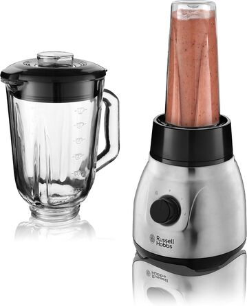 Стаціонарний блендер Russell Hobbs 2-в-1: 1,5 л скляна чаша + 0,6 л пляшка для смузі, нержавіюча сталь, подрібнення льоду, BPA Free, для коктейлів та смузі, модель 23821-56