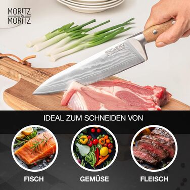 Професійний кухонний ніж Moritz & Moritz 20 см з дамаської сталі 67 шарів, японський шеф-ніж, гострий, ергономічна ручка з акації