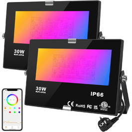 Світлодіодний RGB прожектор DUSKTEC 80W для вулиці, диміруємий, з керуванням через додаток, Bluetooth, з вилкою, зміна кольору, тепле біле світло, водонепроникний IP66, для саду, комплект 2 шт. (30 Вт)