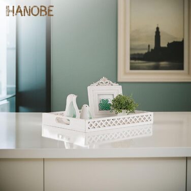 Декоративний дерев'яний піднос Hanobe, прямокутний, білий, з ручками – сервірований піднос для дому, кухні, кавового столика, для свічок та декору в стилі кантрі