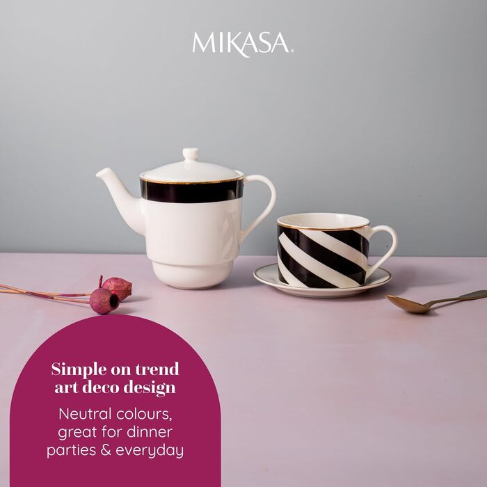 Порцеляновий чайний сервіз Mikasa Luxe Deco для однієї особи, з чайником, чашкою та блюдцем, компактний, підходить для посудомийної машини