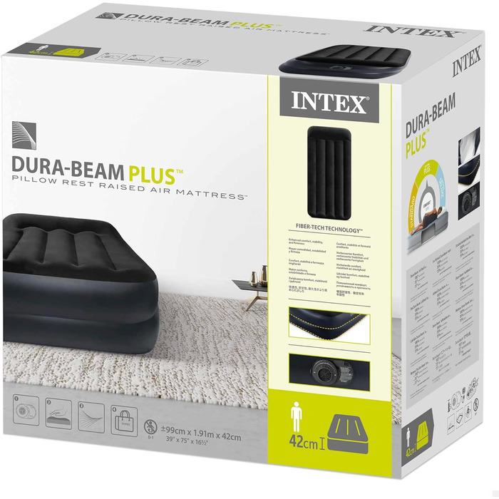 Надувне ліжко Intex Queen Pillow Rest Raised з технологією Fiber-Tech, чорний верх/синій низ, 64124 (Twin), для дорослих