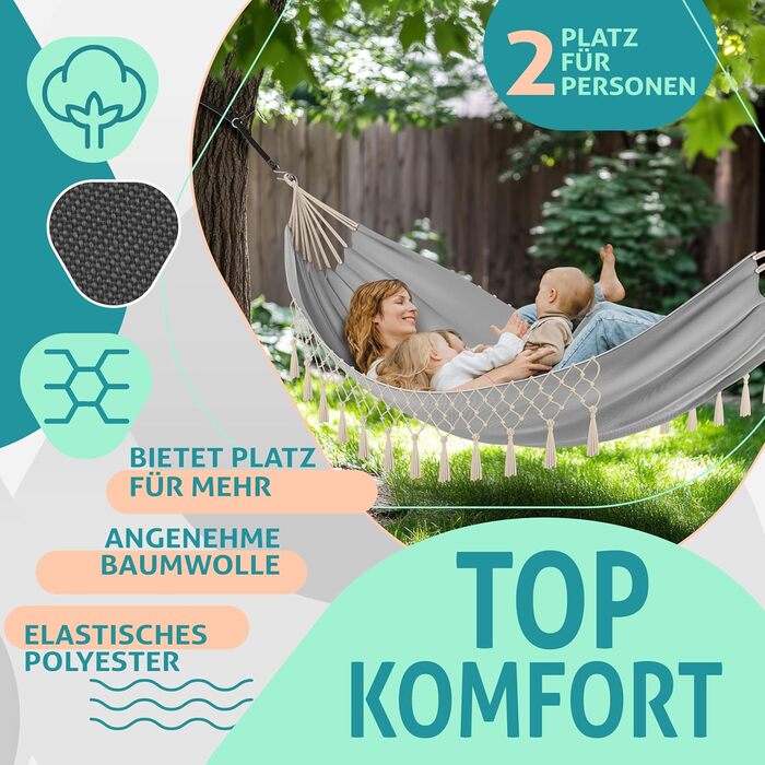 Гамак KESSER 320x150 см до 300 кг, водостійкий і дихаючий, з китицями, для 1-2 осіб, для кемпінгу, саду та відпочинку, сірий, у комплекті чохол, мотузки й ремені