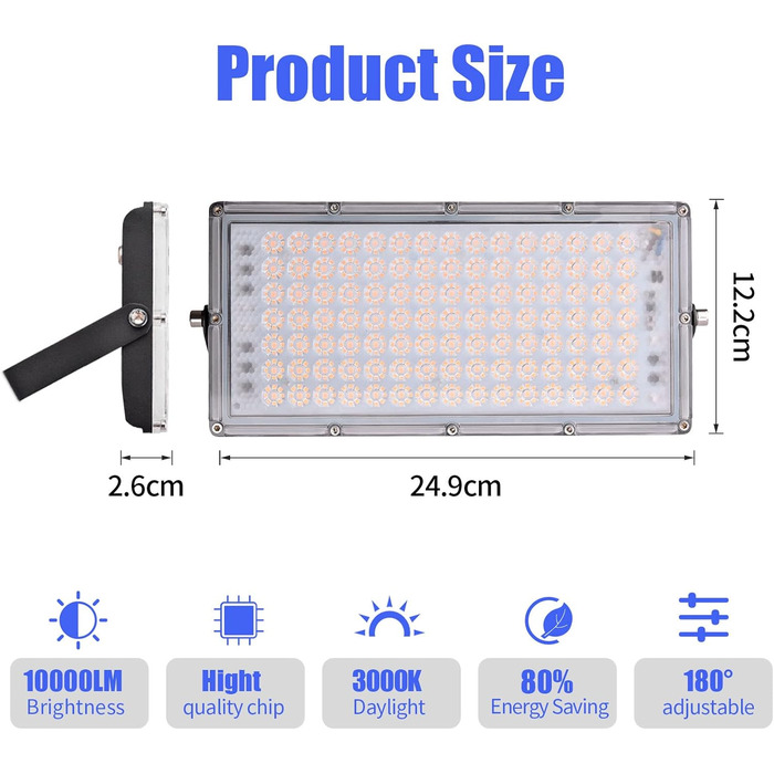 LED прожектор 300W 30000Лм, тепле біле світло 3000K, IP65, водонепроникний, вуличний світильник для саду, тераси, гаража, спортмайданчика, фабрики, майстерні (10 шт, 100W, тепле біле світло)