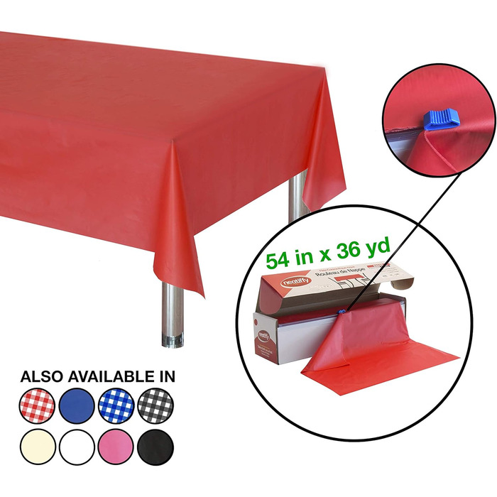 Одноразова пластикова скатертина Neatiffy 137×30 м, червона, для вечірок, банкетів, прямокутних, круглих та квадратних столів (еквівалент 12 наборів для пікніка)