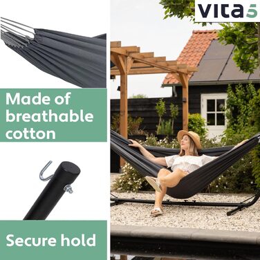 Гамак Vita5 з каркасом для двох, подвійний гамак для вулиці та дому, з сумкою, 200 кг, сірий, для саду, балкону, тераси