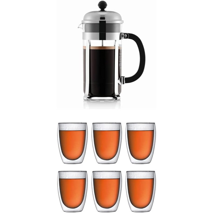 Френч-прес Bodum Chambord 1 л, блискучий + набір склянок Pavina 6 шт, подвійні стінки, 0.35 л, прозорі