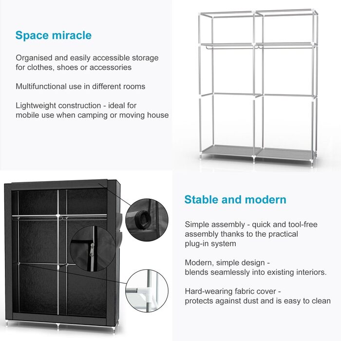 Тканинна шафа INTIRILIFE 108x170x45 см, чорна, з металевим каркасом, полицями, боковою кишенею та рейкою для одягу, розбірна, для зберігання речей
