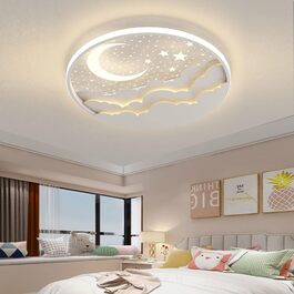Дитяча LED стельова лампа Зірка і Місяць, акриловий плафон, безступеневе дімування з пультом, ультратонка 6 см, для спальні чи дитсадка, 40 Вт, 40 см, біла