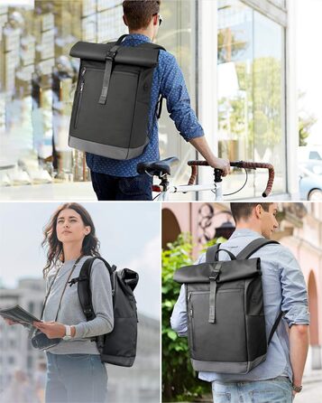 Рюкзак Inateck RollTop 25-30 л чорний, для чоловіків і жінок, міський, велосипедний, шкільний, для університету, роботи, спорту та подорожей, з відділенням для ноутбука 17