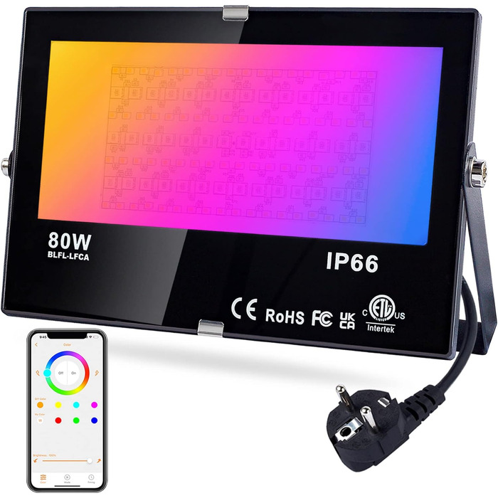 Світлодіодний прожектор DUSKTEC 80W RGB для вулиці, диміруємий, керування через додаток, Bluetooth, кольорова зміна, теплий білий, водонепроникний IP66, для саду та дерев