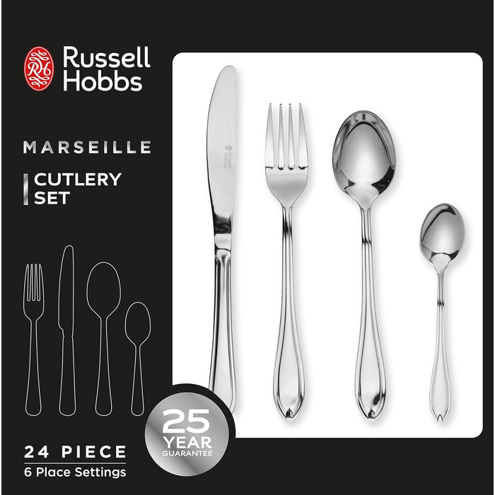 Набір столових приборів Russell Hobbs Marseille на 6 персон, 24 предмети, нержавіюча сталь 18/0, дзеркальна поліровка, придатний для посудомийної машини, 25 років гарантії