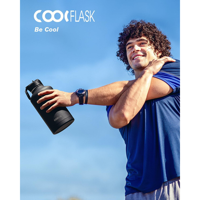 Термос пляшка для води Coolflask 2 л з трубочкою та 3 кришками, ізольована сталева спортивна пляшка з подвійною вакуумною ізоляцією, не протікає, чорна для спорту та офісу
