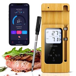 Бездротовий термометр для м'яса AIRMSEN з LCD-дисплеєм, Bluetooth, водонепроникний IPX8, керамічна ручка, додаток для керування, для гриля, духовки та барбекю