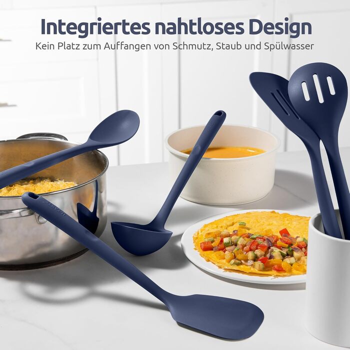 U-Taste Довгі кухонні силіконові лопатки та ложки, 5 шт, термостійкі до 315°C, BPA-free, антипригарні, для змішування, смаження, подачі, колір нічний синій