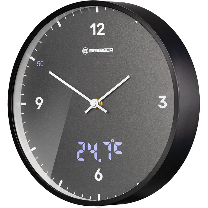 Стінастий годинник Bresser MyTime, 24 см, радіокерований, безшумний, з LED секундною індикацією, вимірюванням температури, сірий