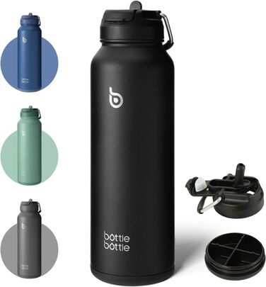 Термос-термобутилка BOTTLE BOTTLE з соломинкою, спортивна сталева пляшка 1 л з ручкою, чорна, для води та пігулок
