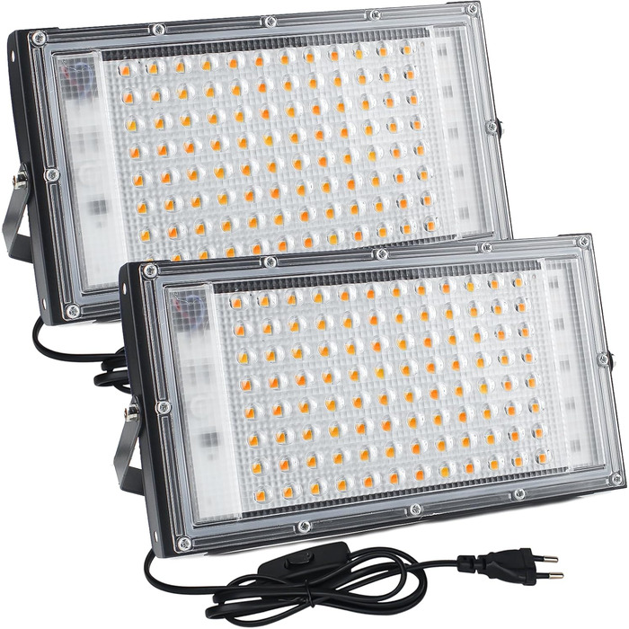 LED прожектор 100Вт з вилкою, 2 шт, 10000 лм, тепле біле світло 3000K, IP65, водонепроникний, для вулиці, саду, гаража, спортмайданчика
