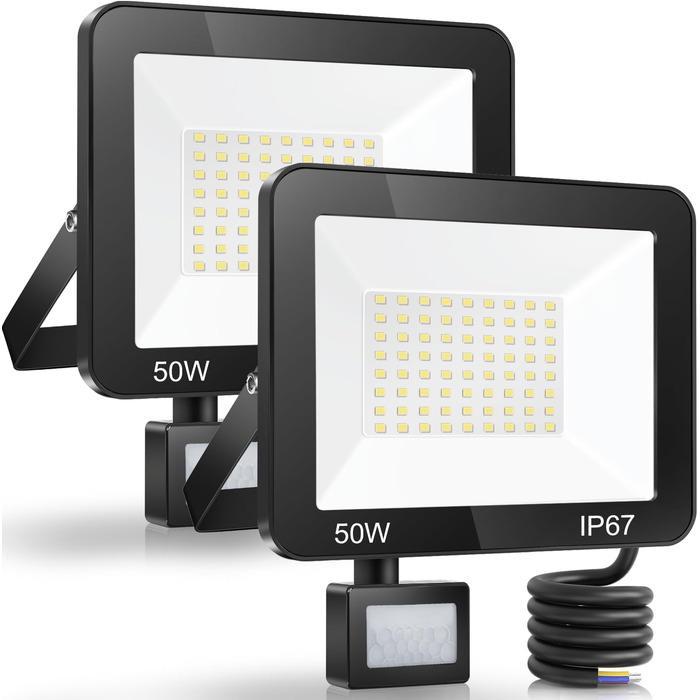 LED прожектор 50W з датчиком руху, IP67, 5000Лм, 7000K, набір 2 шт, водонепроникний вуличний прожектор для двору, саду, гаража, входу, холодне світло
