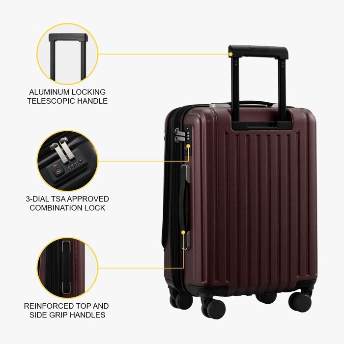 Чемодан LEVEL8 на колесах, жорсткий ручний багаж із TSA-замком, червоний з органайзер-сетом, 37×25×55.5 см
