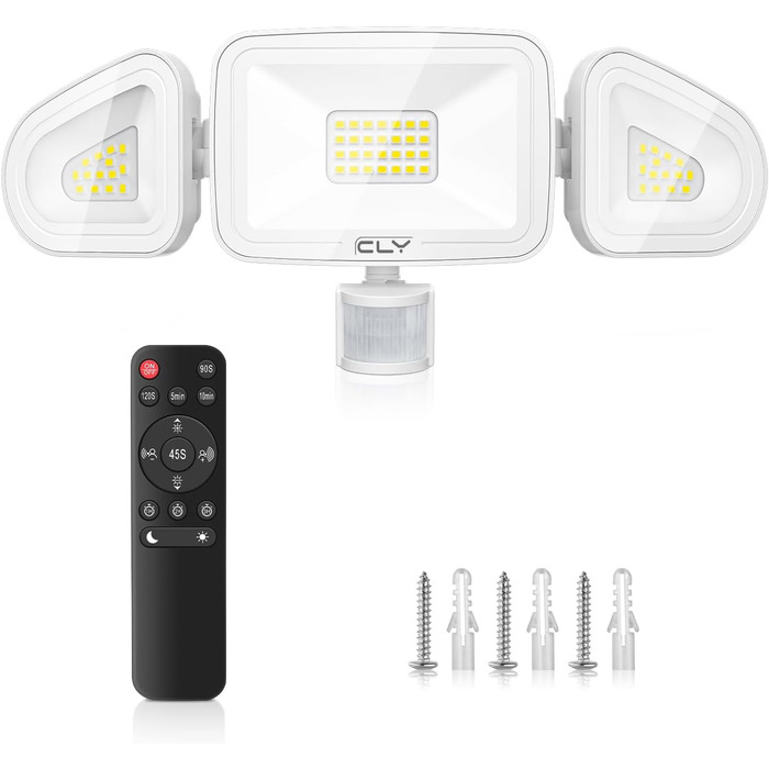 CLY LED прожектор 42 Вт з датчиком руху та пультом, 3600 Лм, 6500K, триголовий, вуличний, IP66, для гаража і тераси