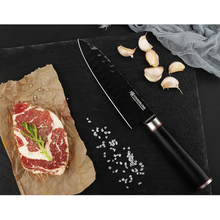 Кухонний ніж Santoku YOUSUNLONG 18 см з японської сталі AUS8, чорне титанове покриття, рукоятка з ебенового дерева