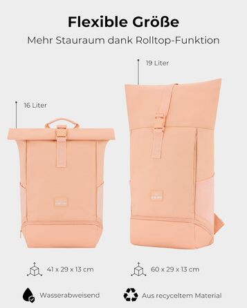Рюкзак Johnny Urban Allen Medium ролтоп 15 л для жінок і чоловіків, з відділенням для ноутбука, водовідштовхувальний, для університету, роботи, велосипеда, екологічний, персиковий