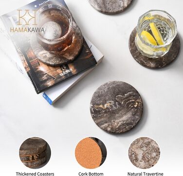 Підставки під напої HAMAKAWA з натурального мармуру, 4 шт, круглі, 10 см, сірі, для декору дому, столу, офісу, сучасний травертин