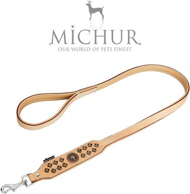 Шкіряний повідок для собак MICHUR Diego бежевий 150×2,5 см, плоский, підходить до нашийника Diego, коричнево-бежевий-золотий