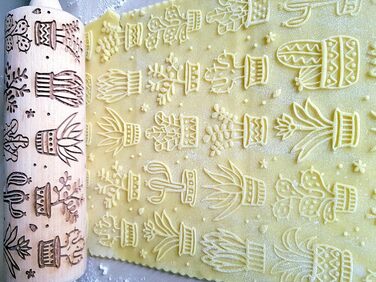 Дерев'яна качалка з гравіюванням кактусів для тіста та печива Algis Crafts, пряге ролик для домашньої випічки, декор з сукулентами
