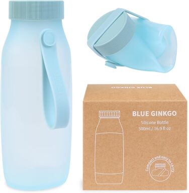 Складні силіконові пляшки для води BLUE GINKGO 500 мл, набір 2 шт, легкі, для подорожей, туризму та кемпінгу, вироблено в Кореї, бежеві та сині