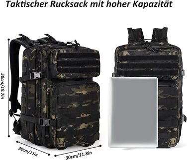 Тактичний рюкзак 45 л для подорожей, військовий рюкзак для outdoor, туристичний рюкзак з липучкою, Bundeswehr, для пригод (світло-чорний)