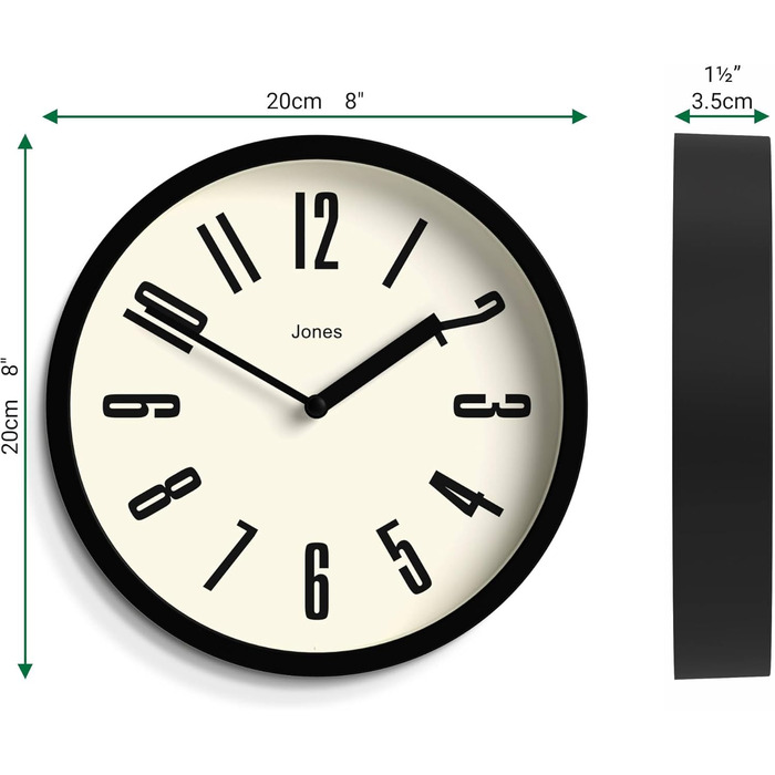 Годинник JONES CLOCKS для ванної та кухні, настінний, ретро, круглий, 20 см, чорний, легкі для читання цифри, ідеальний для кухні, офісу, дитячої кімнати або невеликих приміщень