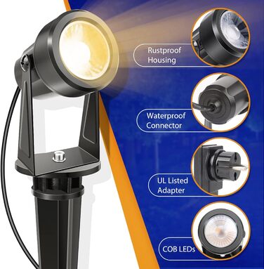 NIORSUN Світильники для саду LED, теплий білий 3000K, IP67, водонепроникні прожектори 23 м, 27 В з адаптером, для вулиці, дерева, двору, 6 шт.