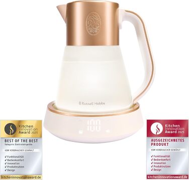 Електричний чайник Russell Hobbs зі скла 1,7 л з регулюванням температури 40-100°C, LED-підсвіткою, тихою технологією кип'ятіння, функцією підтримки тепла, цифровим дисплеєм, сенсорним управлінням, 2400 Вт, модель Calm 27450-70