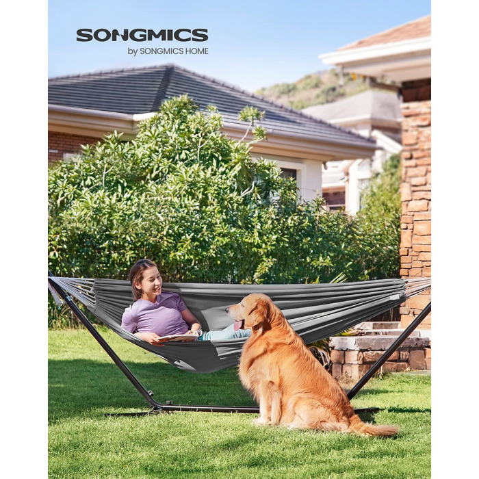 Гамак SONGMICS 210x150 см, регульований по висоті, металевий каркас, навантаження до 240 кг, для саду, чорний каркас, сіра тканина