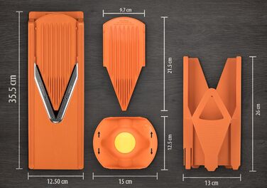 Овочерізка Börner V3 Plus з піддоном і спіральним ножем, регульована, для скибочок, соломки та кубиків, помаранчева