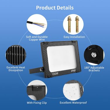 LED прожектор Viugreum 100Вт 8000Лм IP65 холодне світло, зовнішній, комплект 2 шт, для двору, гаража, під'їзду, з кабелем 50 см