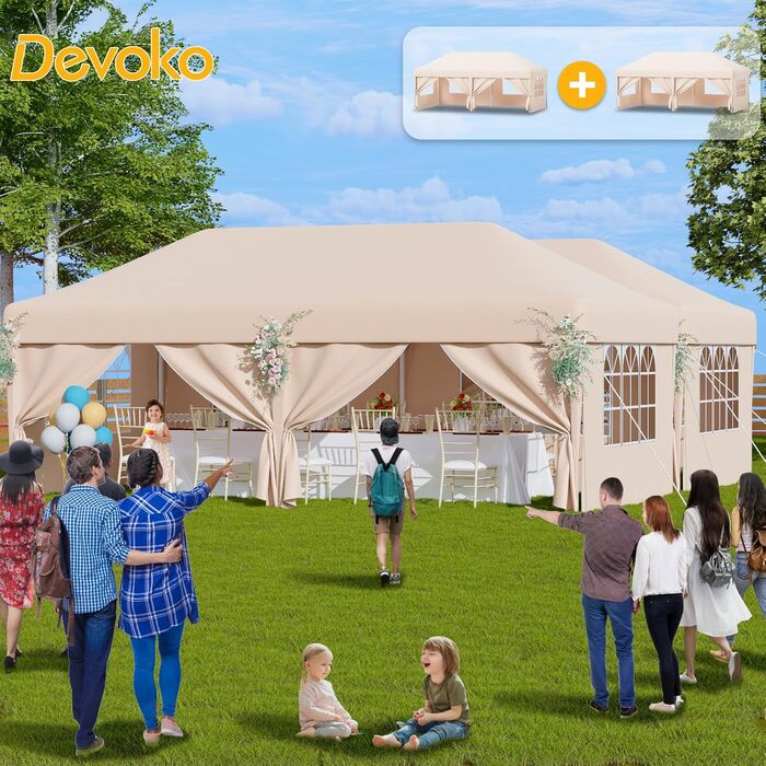 Павільйон Devoko 3x6 м, водонепроникний, зимостійкий, 3 рівні висоти, UV-захист 50+, складаний, з 6 стінками і сумкою, для саду, кемпінгу, бежевий