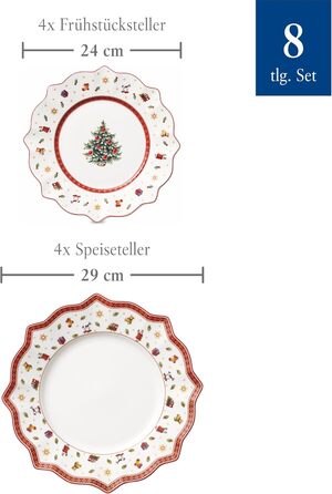 Villeroy & Boch Toy's Delight – набір тарілок 8 шт., порцеляна, святковий набір для різдвяного столу, обідні та сніданкові тарілки з новорічним малюнком, сервіз на 8 персон