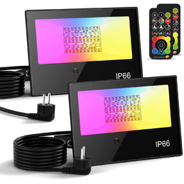 RGB LED прожектори для вулиці з пультом, 2 шт., 5000 Лм, диміруємі, кольорова підсвітка, тепле біле світло 3000K, IP66 водонепроникні, для саду, зовнішнього освітлення