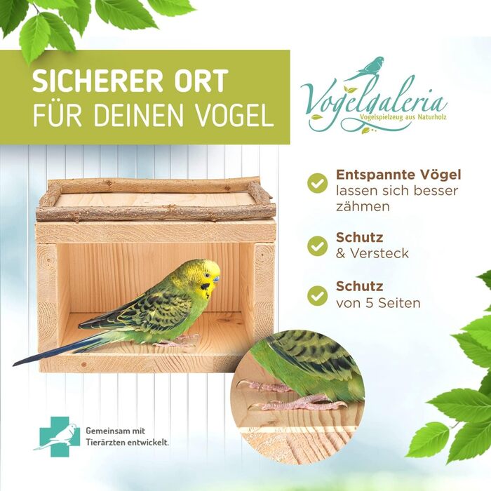 Дерев'яний будиночок для птахів Vogelgaleria® – спальне місце та укриття для хвилястих папуг, неразлучників, корелл, аксесуар для клітки та вольєра