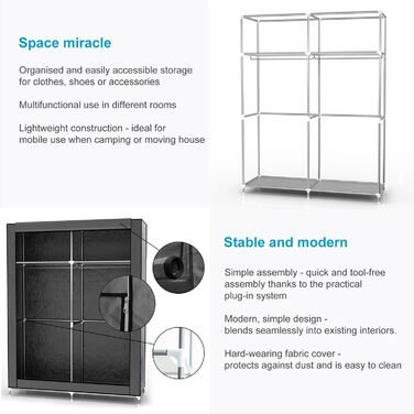 Складана шафа для одягу з тканини 108x45x170 см, сірий, з блискавкою, металевим каркасом, кишенею та полицями